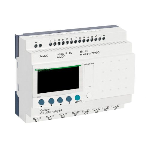 SCHNEIDER SR2A201BD - Zelio Logic programozható relé, kompakt, LCD kijelző, 10 DI + 2 DI/AI, 8 DO relés, 24 VDC