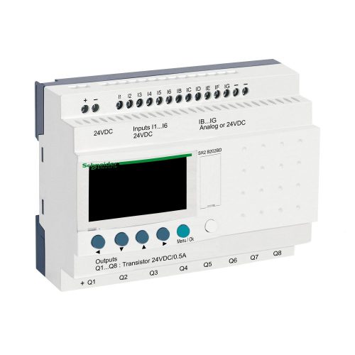 SCHNEIDER SR2B202BD - Zelio Logic programozható relé, kompakt, LCD kijelző, 6 DI + 6 DI/AI, 8 DO tranziszoros, belső órával, 24 VDC