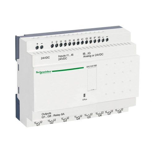 SCHNEIDER SR2E201BD - Zelio Logic programozható relé, kompakt, kijelző nélkül, 10 DI + 2 DI/AI, 8 DO relés, belső órával, 24 VDC