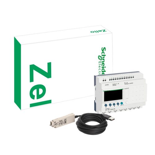 SCHNEIDER SR2PACK2BD - Zelio Logic komplett fejlesztői készlet, 20 I/O LCD 24 VDC (SR2B201BD + Zelio Soft 2 szoftver + programozó kábel)