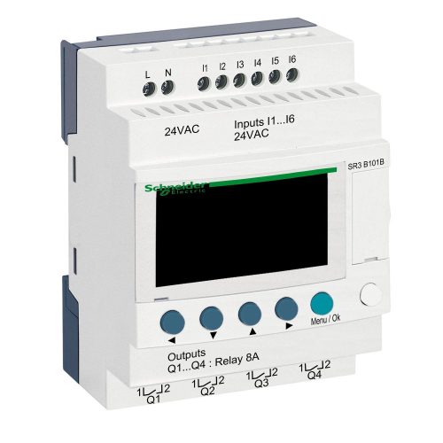 SCHNEIDER SR3B101B - Zelio Logic programozható relé, bővíthető, LCD kijelző, 6 DI, 4 DO relés, belső órával, 24 VAC