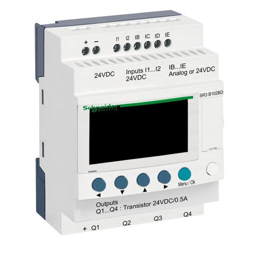 SCHNEIDER SR3B102BD - Zelio Logic programozható relé, bővíthető, LCD kijelző, 2 DI + 2 DI/AI, 4 DO tranzisztoros, belső órával, 24 VDC