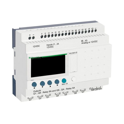 SCHNEIDER SR3B261JD - Zelio Logic programozható relé, bővíthető, LCD kijelző, 10 DI + 6 DI/AI,10 DO relés, belső órával, 12 VDC