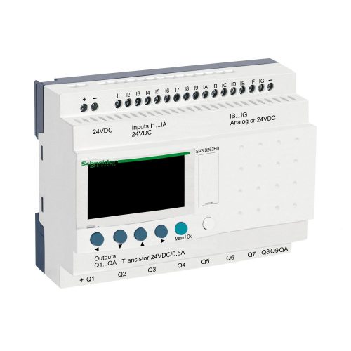 SCHNEIDER SR3B262BD - Zelio Logic programozható relé, bővíthető, LCD kijelző, 10 DI + 6 DI/AI,10 DO tranzisztoros, belső órával, 24 VDC