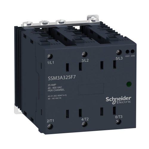 SCHNEIDER SSM3A325BD - SSM szilárdtestrelé, 3f, nullfeszültségű kapcsolás, 3NO, 48-600VAC, 25A, 24VDC