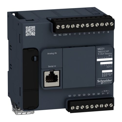 SCHNEIDER TM221C16T - Modicon M221 gépvezérlő PLC, 16 I/O, tranzisztor (source) kimenet, RS232/RS485, 24 VDC