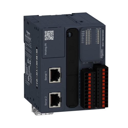 SCHNEIDER TM221M16RG - Modicon M221 gépvezérlő PLC, 16 I/O, relé kimenet, RS232/RS485, RS485, 24 VDC, könyv formátum, rugós sorkapocs