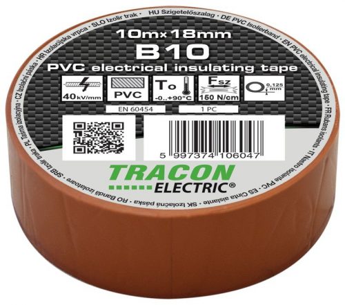 TRACON B10 - Szigetelőszalag, barna 10m×18mm, PVC, 0-90°C, 40kV/mm