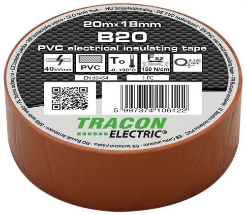 TRACON B20 - Szigetelőszalag, barna 20m×18mm, PVC, 0-90°C, 40kV/mm