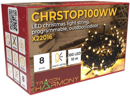 TRACON CHRSTOP100WW - Karácsonyi programozható fényfüzér, kültéri/beltéri (X22016) 230VAC, 2+10M, 100LED, 3,6W, 2600-2700K, IP44