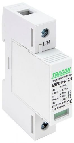 TRACON ESPD1+2-12.5-1P - T1+T2 AC típusú túlfeszültséglevezető, cserélhető betéttel Uc:275V; Iimp:12,5kA; In:20kA; Imax:50kA; Up:1,3kV; 1P