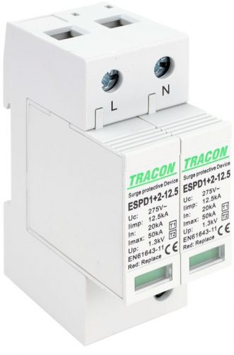 TRACON ESPD1+2-12.5-2P - T1+T2 AC típusú túlfeszültséglevezető, cserélhető betéttel Uc:275V; Iimp:12,5kA; In:20kA; Imax:50kA; Up:1,3kV; 2P