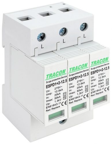 TRACON ESPD1+2-12.5-3P - T1+T2 AC típusú túlfeszültséglevezető, cserélhető betéttel Uc:275V; Iimp:12,5kA; In:20kA; Imax:50kA; Up:1,3kV; 3P