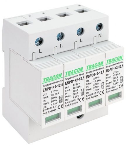 TRACON ESPD1+2-12.5-4P - T1+T2 AC típusú túlfeszültséglevezető, cserélhető betéttel Uc:275V; Iimp:12,5kA; In:20kA; Imax:50kA; Up:1,3kV; 4P