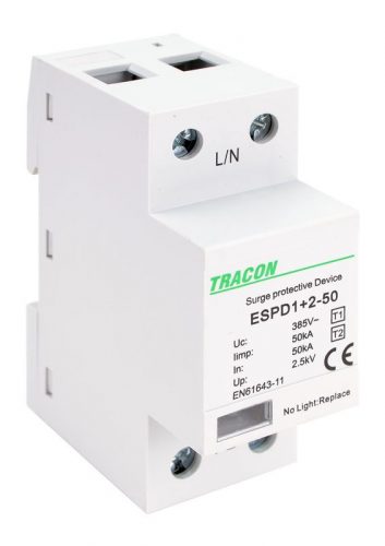 TRACON ESPD1+2-50-1P - T1+T2 AC típusú túlfeszültséglevezető, egybeépített Uc:385V; Iimp:50kA; In:50kA; Imax:160kA; Up:2,5kV; 1P