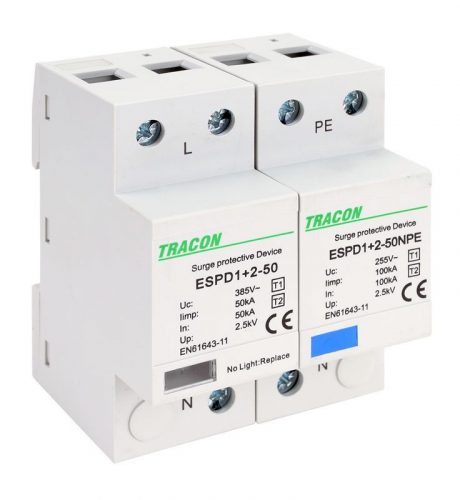 TRACON ESPD1+2-50-1+1P - T1+T2 AC típusú túlfeszültséglevezető, egybeépített Uc:385V; Iimp:50/100kA; In:50/100kA; Up:2,5kV; 1+1P