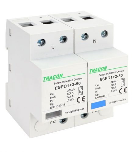 TRACON ESPD1+2-50-2P - T1+T2 AC típusú túlfeszültséglevezető, egybeépített Uc:385V; Iimp:50kA; In:50kA; Imax:160kA; Up:2,5kV; 2P