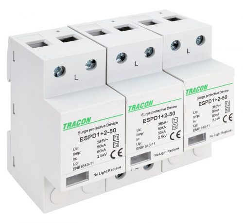 TRACON ESPD1+2-50-3P - T1+T2 AC típusú túlfeszültséglevezető, egybeépített Uc:385V; Iimp:50kA; In:50kA; Imax:160kA; Up:2,5kV; 3P