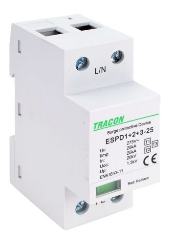 TRACON ESPD1+2+3-25-1P - T1+T2+T3 AC típusú túlfeszültség levezető, egybeépített Uc:275V; Iimp:25kA; In:25kA; Uoc:20kV; Up:1,3kV; 1P