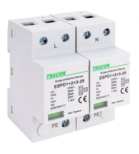 TRACON ESPD1+2+3-25-2P - T1+T2+T3 AC típusú túlfeszültség levezető, egybeépített Uc:275V; Iimp:25kA; In:25kA; Uoc:20kV; Up:1,3kV; 2P