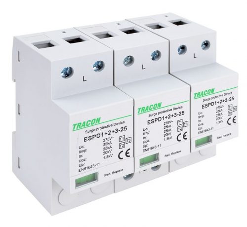 TRACON ESPD1+2+3-25-3P - T1+T2+T3 AC típusú túlfeszültség levezető, egybeépített Uc:275V; Iimp:25kA; In:25kA; Uoc:20kV; Up:1,3kV; 3P