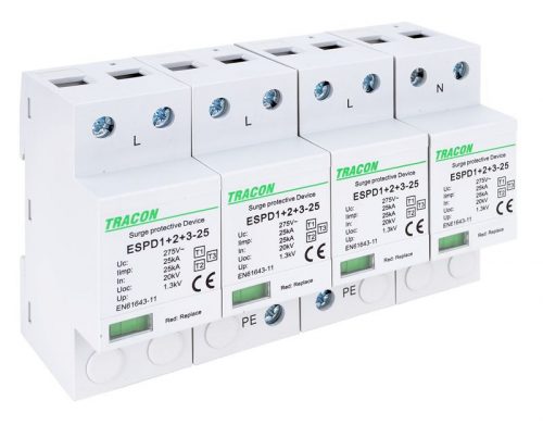 TRACON ESPD1+2+3-25-4P - T1+T2+T3 AC típusú túlfeszültség levezető, egybeépített Uc:275V; Iimp:25kA; In:25kA; Uoc:20kV; Up:1,3kV; 4P