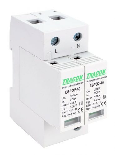 TRACON ESPD2-40-2P - T2 AC típusú túlfeszültség levezető, cserélhető betéttel Uc:275V; In:20kA; Imax:40kA; Up:1,3kV; 2P