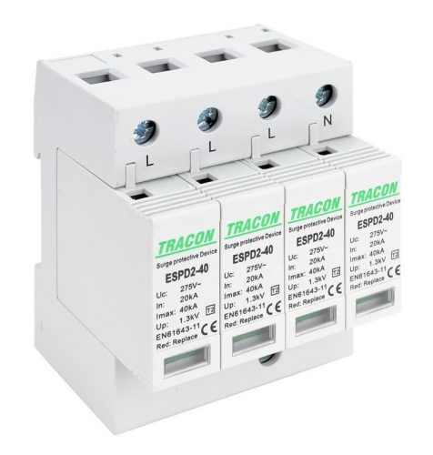 TRACON ESPD2-40-4P - T2 AC típusú túlfeszültség levezető, cserélhető betéttel Uc:275V; In:20kA; Imax:40kA; Up:1,3kV; 4P