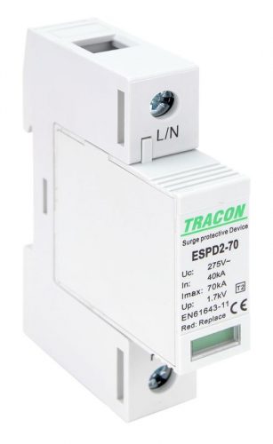 TRACON ESPD2-70-1P - T2 AC típusú túlfeszültség levezető, cserélhető betéttel Uc:275V; In:40kA; Imax:70kA; Up:1,7kV; 1P