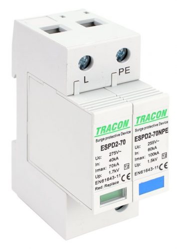 TRACON ESPD2-70-1+1P - T2 AC típusú túlfeszültség levezető, cserélhető betéttel Uc:275/255V; In:40kA; Imax:70kA; Up:1,7/1,5kV; 1+1P