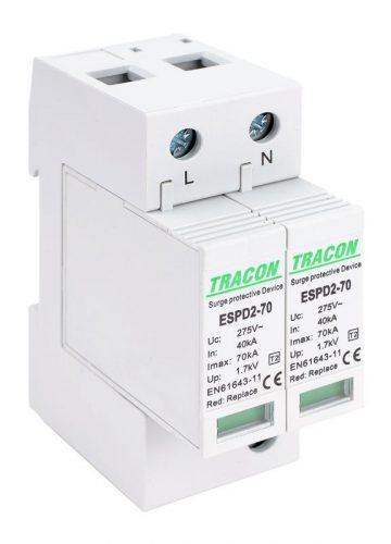 TRACON ESPD2-70-2P - T2 AC típusú túlfeszültség levezető, cserélhető betéttel Uc:275V; In:40kA; Imax:70kA; Up:1,7kV; 2P