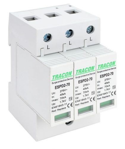 TRACON ESPD2-70-3P - T2 AC típusú túlfeszültség levezető, cserélhető betéttel Uc:275V; In:40kA; Imax:70kA; Up:1,7kV; 3P