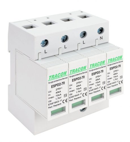 TRACON ESPD2-70-4P - T2 AC típusú túlfeszültség levezető, cserélhető betéttel Uc:275V; In:40kA; Imax:70kA; Up:1,7kV; 4P