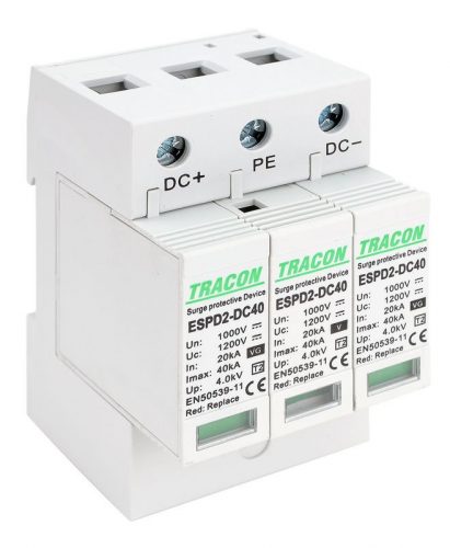 TRACON ESPD2-DC40-1000 - T2 DC típusú túlfeszültség levezető, cserélhető betéttel Ucpv: 1200V; In:20kA; Imax:40kA; Up:4kV