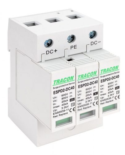 TRACON ESPD2-DC40-600 - T2 DC típusú túlfeszültség levezető, cserélhető betéttel Ucpv: 800V; In:20kA; Imax:40kA; Up:2,6kV