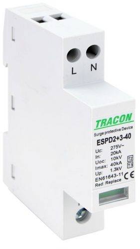 TRACON ESPD2+3-40-2P - T2+T3 AC típusú túlfeszültséglevezető, egybeépített Uc:275V; In:20kA; Imax40kA; Uoc:10kV; Up:1,3kV; 2P