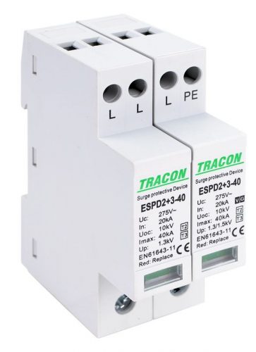 TRACON ESPD2+3-40-3+1P - T2+T3 AC típusú túlfeszültséglevezető, egybeépített Uc:275V; In:20kA; Imax40kA; Uoc:10kV; Up:1,3/1,5kV; 3+1P