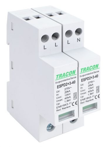 TRACON ESPD2+3-40-4P - T2+T3 AC típusú túlfeszültséglevezető, egybeépített Uc:275V; In:20kA; Imax40kA; Uoc:10kV; Up:1,3kV; 4P