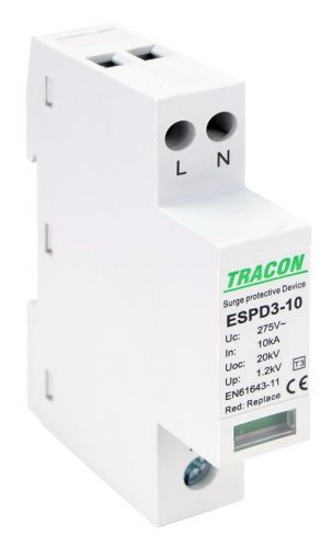 TRACON ESPD3-10-2P - T3 AC típusú túlfeszültség levezető, egybeépített Uc:275V; In:10kA; Uoc:20kV; Up:1,2kV; 2P