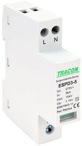 TRACON ESPD3-5-2P - T3 AC típusú túlfeszültség levezető, egybeépített Uc:275V; In:5kA; Uoc:10kV; Up:1,2kV; 2P