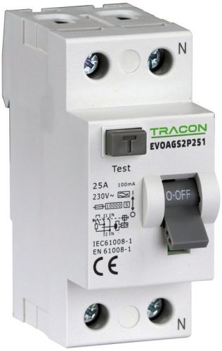 TRACON EVOAGS2P1001 - Áram-védőkapcsoló, 2 pólusú 100A, 100mA, 10kA, A/S