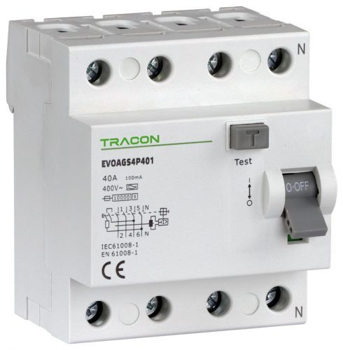 TRACON EVOAGS4P1001 - Áram-védőkapcsoló, 4 pólusú 100A, 100mA, 10kA, A/S