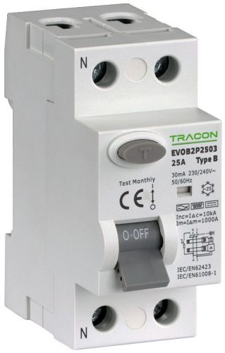 TRACON EVOB2P1603 - Áram-védőkapcsoló, 2 pólusú 16A, 30mA, 10kA, B