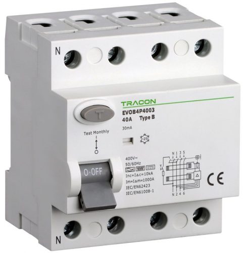 TRACON EVOB4P1603 - Áram-védőkapcsoló, 4 pólusú 16A, 30mA, 10kA, B