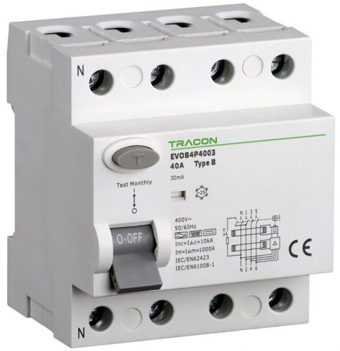 TRACON EVOB4P6303 - Áram-védőkapcsoló, 4 pólusú 63A, 30mA, 10kA, B