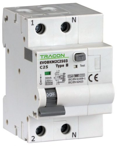 TRACON EVOBKM2C1003 - Kombinált védőkapcsoló, 2P, 3modul, C karakterisztika C10A, 30 mA, 6kA, B