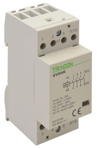 TRACON EVOHK4-25-24 - Installációs kontaktor 24V, 50Hz, 2 Mod, 4×NO, AC1/AC7a, 25A,