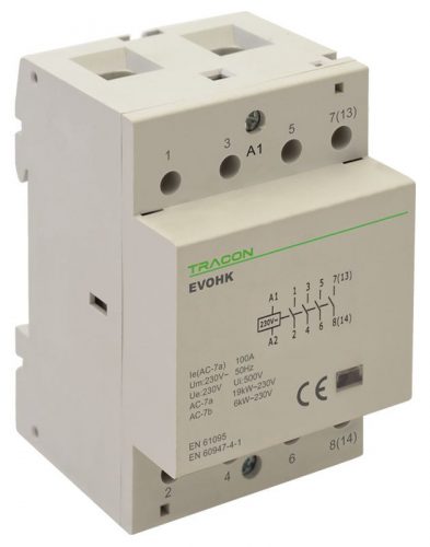 TRACON EVOHK4-40 - Installációs kontaktor 230V, 50Hz, 3 Mod, 4×NO, AC1/AC7a, 40A,