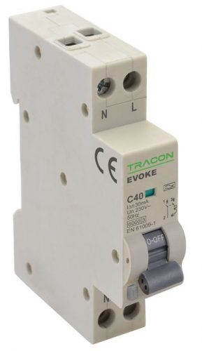 TRACON EVOKEB1003 - Kombinált védőkapcsoló, elektronikus, 2P, 1 modul, B kar. B10, 30mA, 6kA, AC,