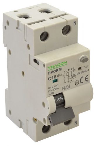 TRACON EVOKM2B1003 - Kombinált védőkapcsoló, 2P, 2modul, B karakterisztika 10A, 30 mA, 10kA, AC